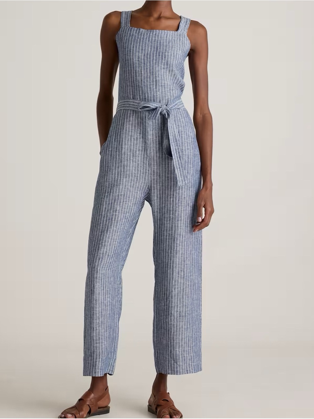 Quince European Linen Chambray Blue Stripe Sleeveless Belted Crop Jumpsuit Small